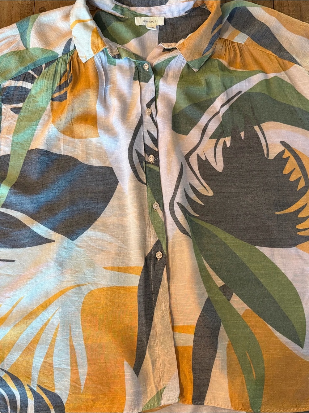 Tamara H. Women's Button-Down Floral Print Blouse in Green & Mustard